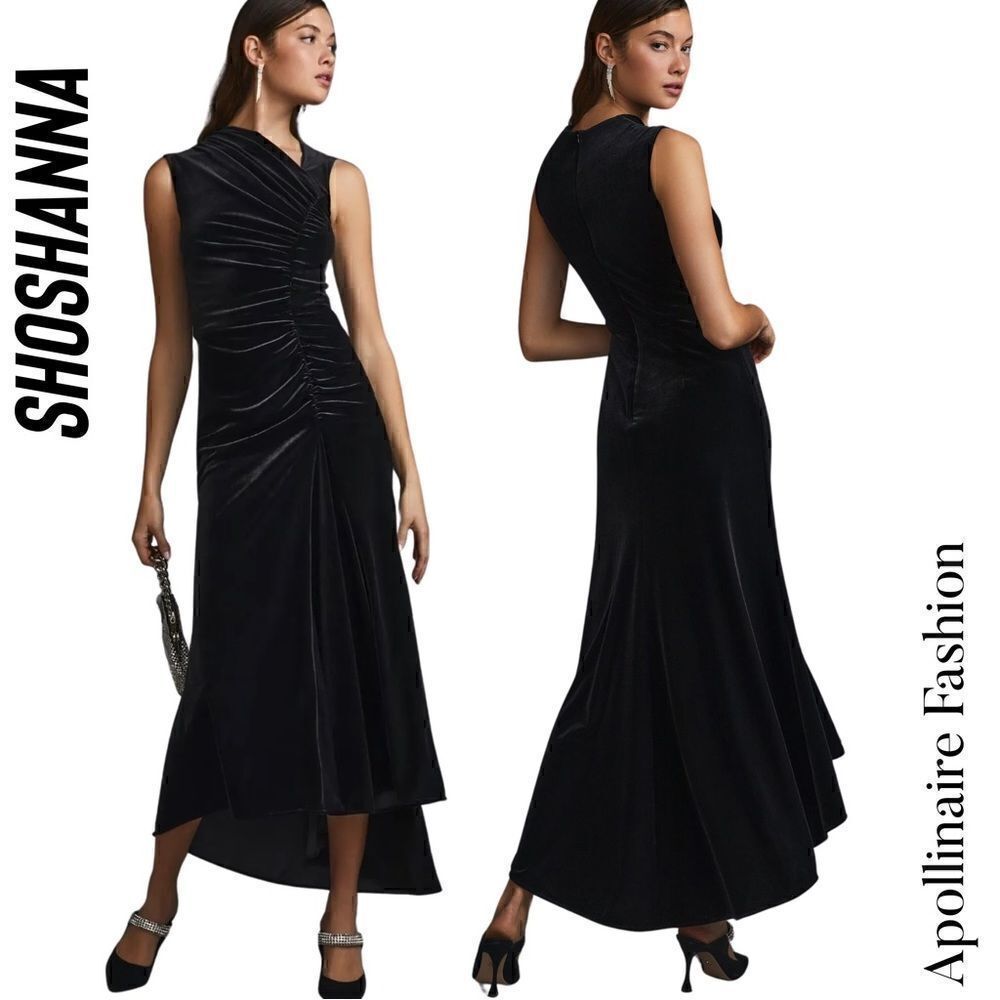 Shoshanna For Anthropologie Ruched Asymmetrical Black Velvet Gown Nwt Size 8